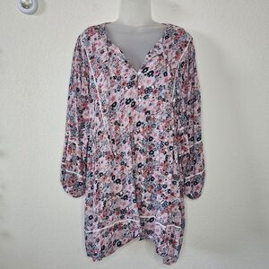 NATURAL LIFE Boho Ditsy Floral Eyelet Detail Drop Shoulder V-Neck Tunic Dress L